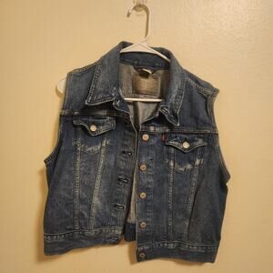 Levi Strauss Vest XL Silver Tag Blue Denim Adjustable Waist Button Up